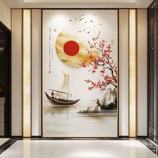 中式玄关红日帆船装饰画
