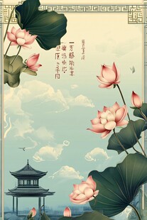 中式荷塘亭景古风插画