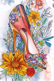 花卉环绕的时尚高跟鞋