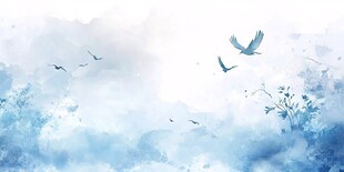 梦幻蓝调天空飞鸟水彩景