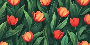 橙色郁金香绿叶无缝图案