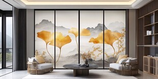 中式客厅的银杏山水背景墙