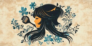 长发女子与复古元素插画