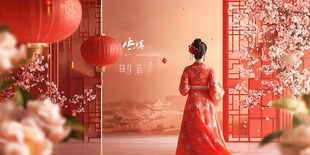 红衣佳人于中式美景中