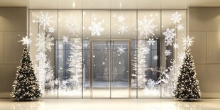 圣诞装饰的玻璃门与圣诞树