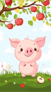 小猪站在苹果树下的田园景