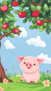 小猪在苹果树下的欢乐时光