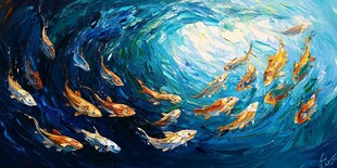 群鲤畅游于蓝色梦幻之海