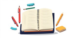 打开的笔记本与多彩文具