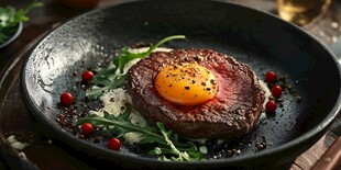 香煎牛排配溏心蛋摆盘精美