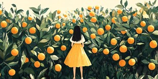 女孩漫步于橙果繁茂之园