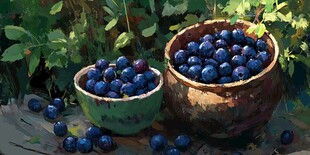 两盆饱满的蓝莓静物写生