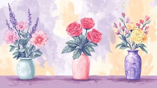 三个花瓶中的多彩花卉