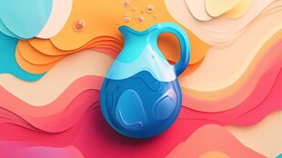 彩色背景中的蓝色陶制水壶