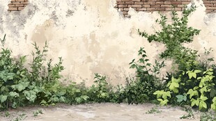 斑驳墙边的盎然绿植