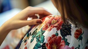 女子专注刺绣花卉服饰