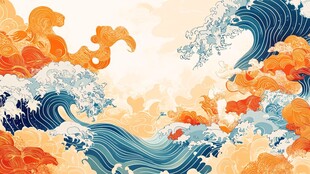 中式海浪锦鲤梦幻插画