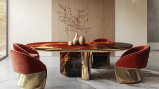 奢华圆形餐桌配艳丽座椅