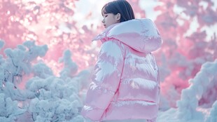 冬日粉雪间的少女背影