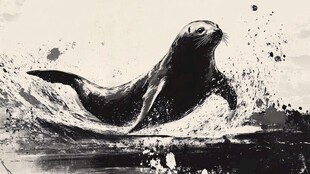 水墨风格跃动的可爱海豹