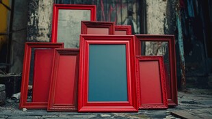 红色相框堆放在斑驳墙边