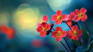 艳丽红花绽放梦幻背景中