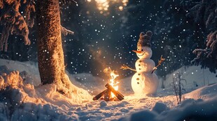 雪夜中雪人旁的温暖篝火