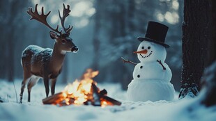 雪夜中鹿与雪人的温馨场景