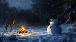 雪夜篝火旁的小鹿与雪人
