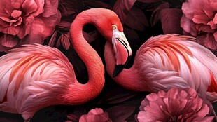 双火烈鸟于繁花中相依