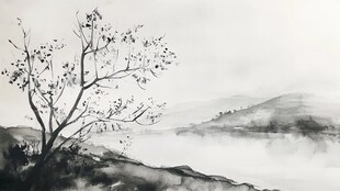水墨孤树山水意境图