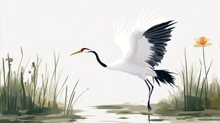 白鹤于湿地间展翅欲飞