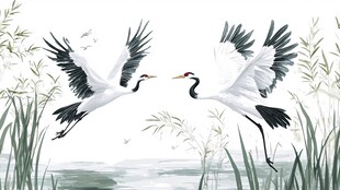 双鹤共舞于苇间