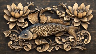 中式木雕锦鲤荷花装饰图