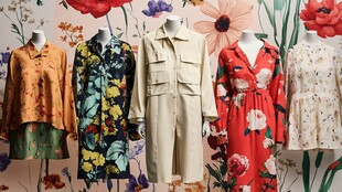 多彩女装展示于花卉背景前