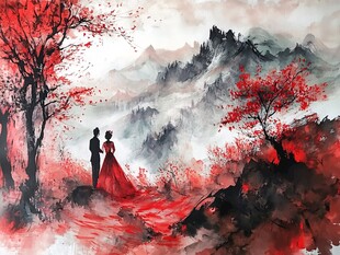 红叶山间的浪漫婚纱情侣