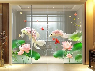 中式锦鲤荷花玻璃装饰画