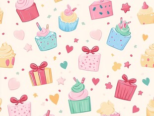 可爱甜点与礼物无缝背景图