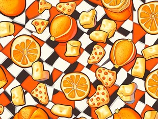 橙味零食与棋盘格趣味图案