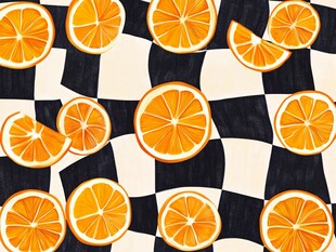 橙片铺于黑白格纹背景