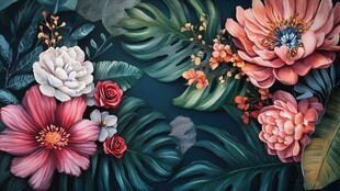 绚丽花卉与繁茂绿叶图景