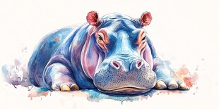 水彩风趴卧可爱河马插画