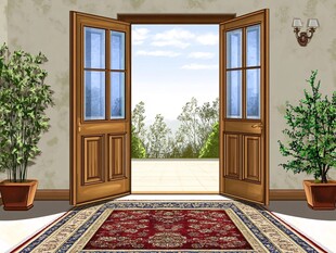 敞开的木门通向户外美景