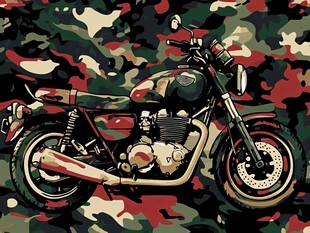 迷彩背景中的复古摩托车