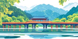 中式山水间的古风廊桥