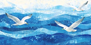 海天一色间海鸥翱翔