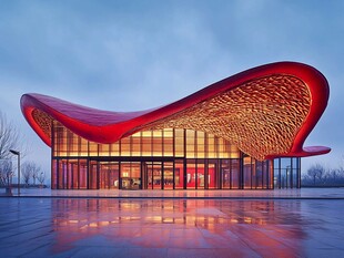 红色流线型现代建筑外观