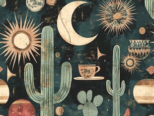 沙漠日月仙人掌复古图案