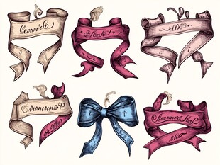 手绘多彩丝带与蝴蝶结图案