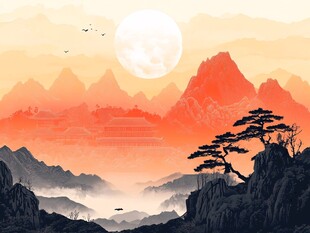 夕阳下的壮美山川景观